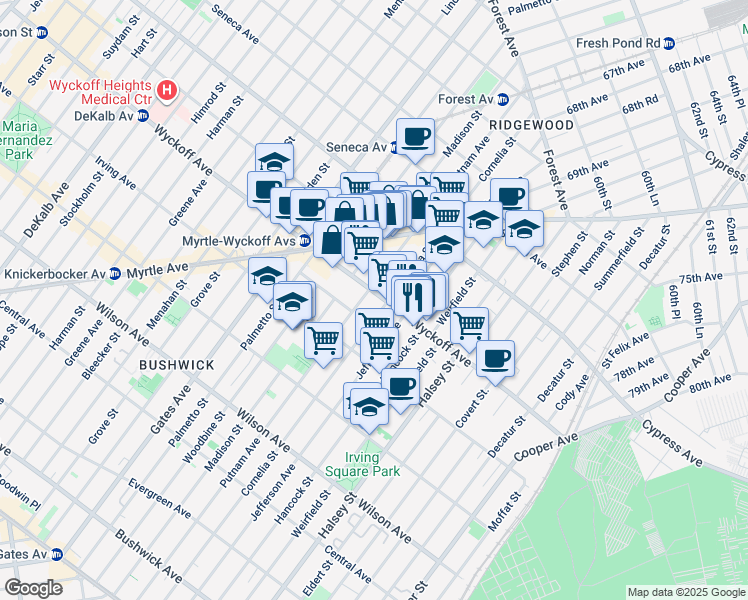 map of restaurants, bars, coffee shops, grocery stores, and more near in Queens
