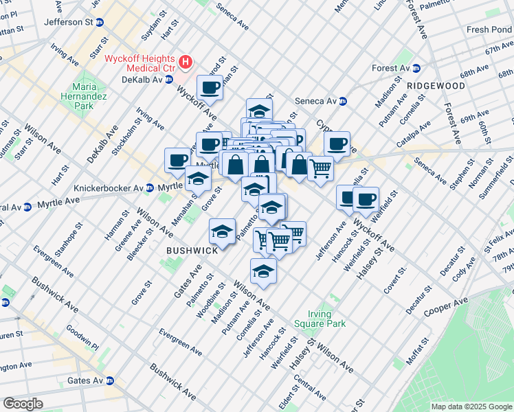 map of restaurants, bars, coffee shops, grocery stores, and more near 351 Irving Avenue in Brooklyn