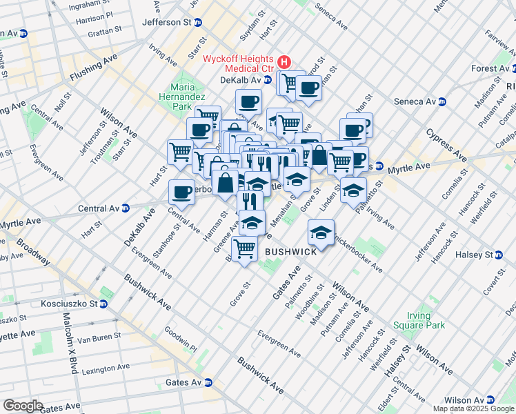 map of restaurants, bars, coffee shops, grocery stores, and more near 206 Bleecker Street in Brooklyn