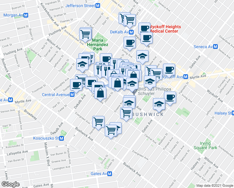 map of restaurants, bars, coffee shops, grocery stores, and more near 226 Wilson Avenue in Brooklyn