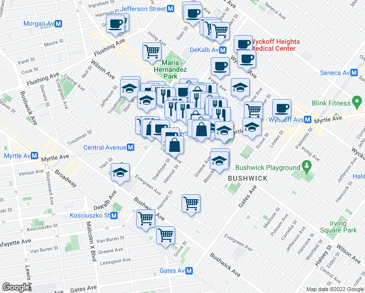 map of restaurants, bars, coffee shops, grocery stores, and more near 132A Stanhope Street in Brooklyn