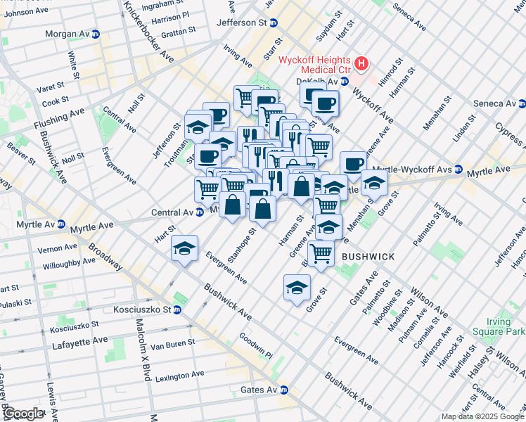 map of restaurants, bars, coffee shops, grocery stores, and more near 132A Stanhope Street in Brooklyn
