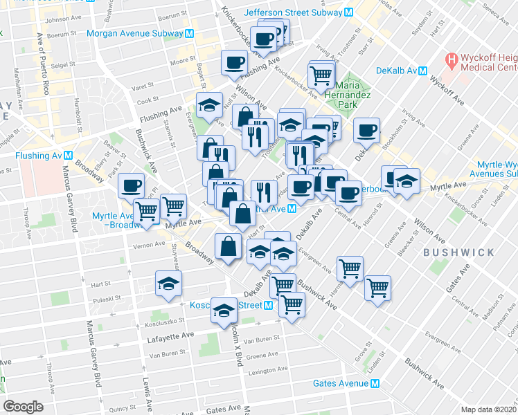 map of restaurants, bars, coffee shops, grocery stores, and more near 100 Suydam Street in Brooklyn