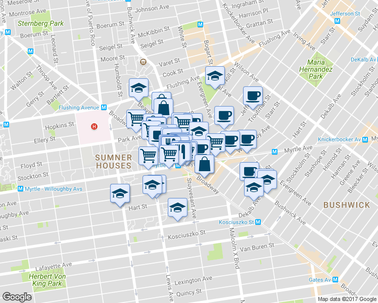 map of restaurants, bars, coffee shops, grocery stores, and more near 34 Melrose Street in Brooklyn