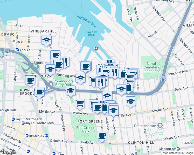 map of restaurants, bars, coffee shops, grocery stores, and more near 2 Carlton Avenue in Brooklyn