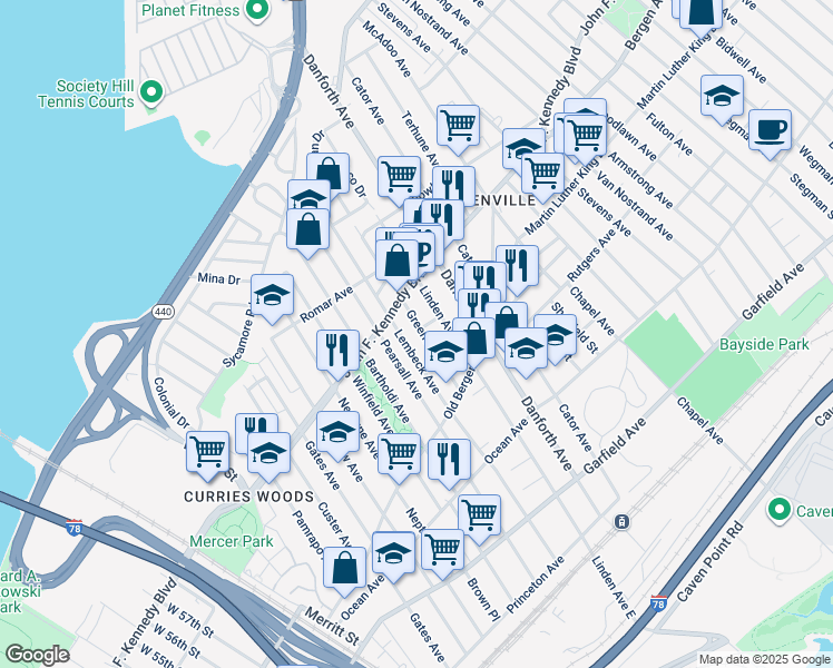 map of restaurants, bars, coffee shops, grocery stores, and more near 65 Greenville Avenue in Jersey City