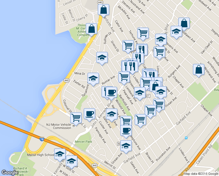 map of restaurants, bars, coffee shops, grocery stores, and more near 274 Winfield Avenue in Jersey City