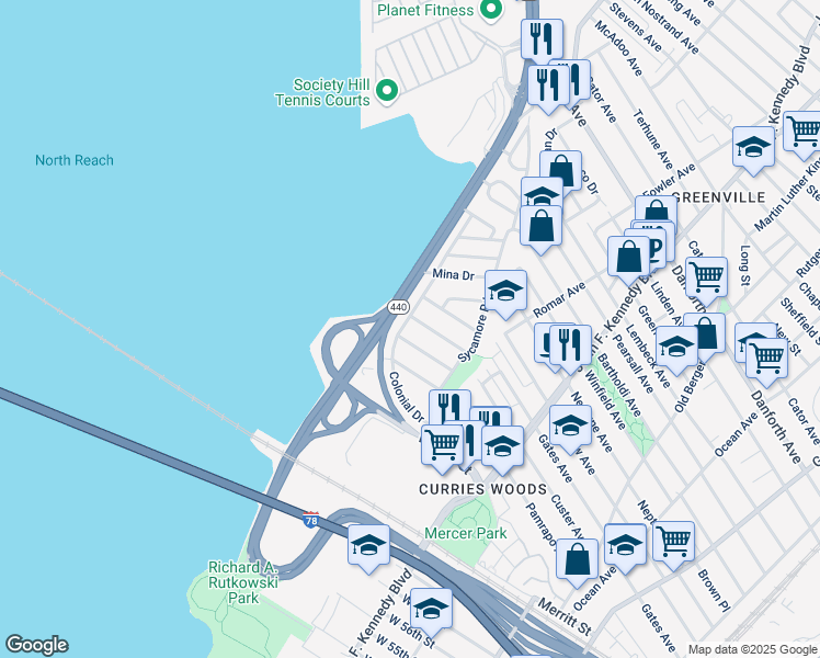 map of restaurants, bars, coffee shops, grocery stores, and more near 76 Country Village Road in Jersey City
