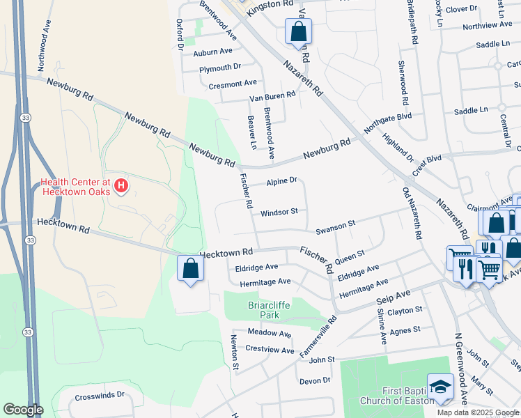 map of restaurants, bars, coffee shops, grocery stores, and more near 3019 Windsor Street in Easton