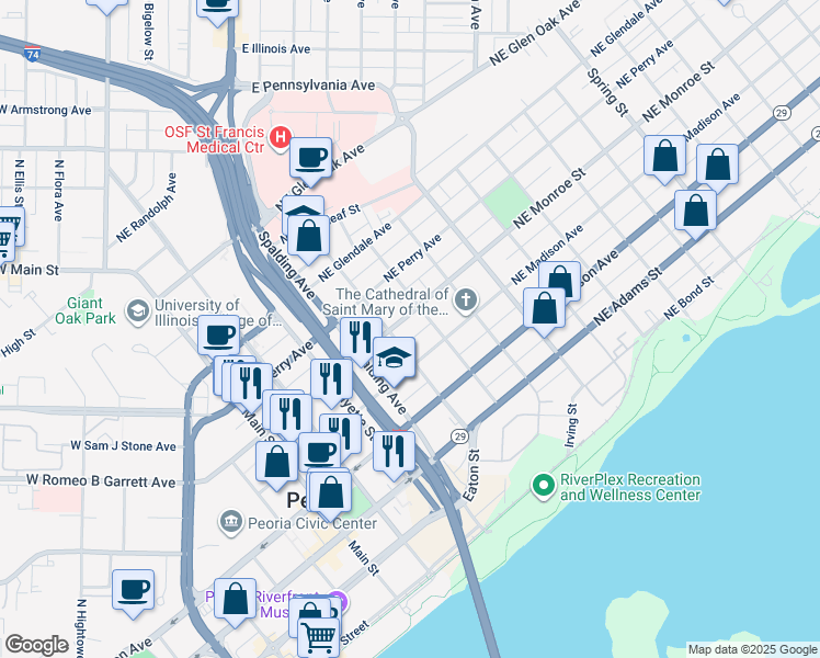 map of restaurants, bars, coffee shops, grocery stores, and more near in Peoria