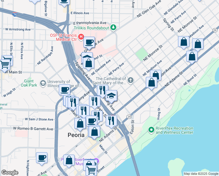 map of restaurants, bars, coffee shops, grocery stores, and more near in Peoria