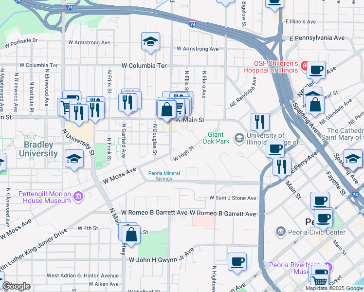 map of restaurants, bars, coffee shops, grocery stores, and more near 525 West High Street in Peoria
