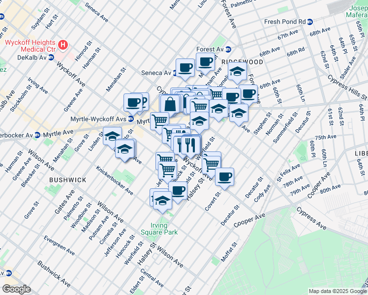 map of restaurants, bars, coffee shops, grocery stores, and more near 16-18 Jefferson Avenue in Queens