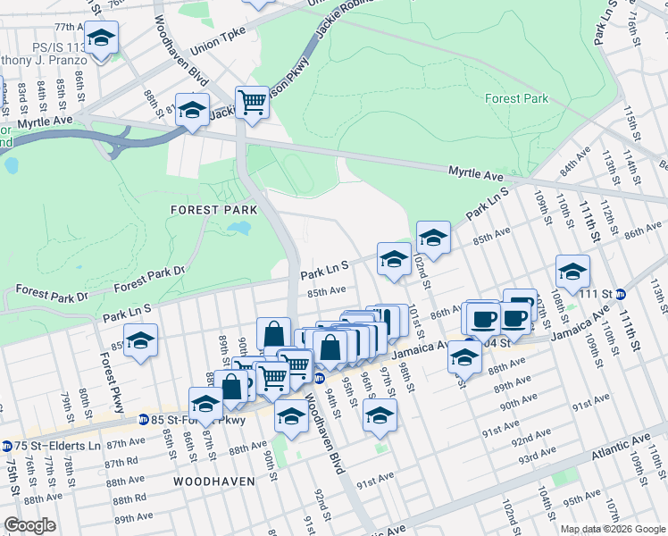 map of restaurants, bars, coffee shops, grocery stores, and more near 94-27 Park Lane South in Queens