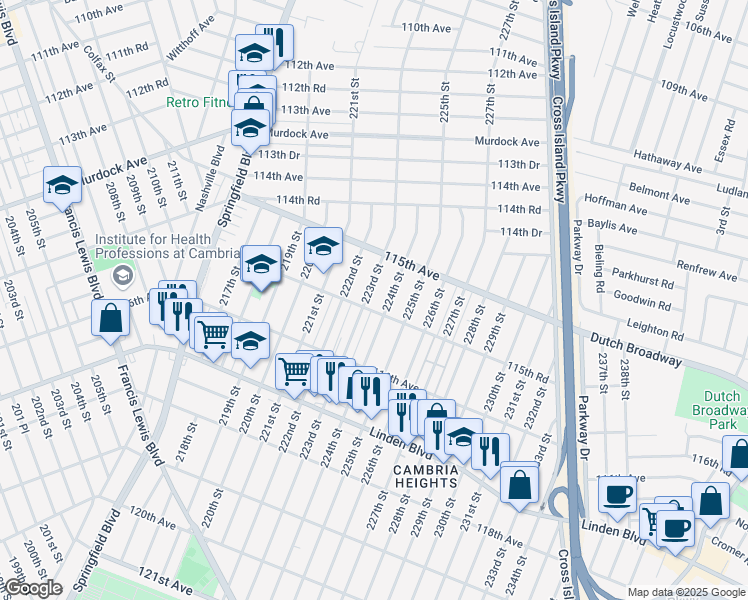 map of restaurants, bars, coffee shops, grocery stores, and more near 115-51 223rd Street in Queens