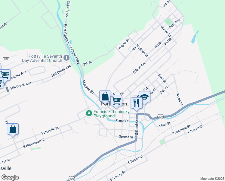 map of restaurants, bars, coffee shops, grocery stores, and more near 235 3rd Street in Port Carbon