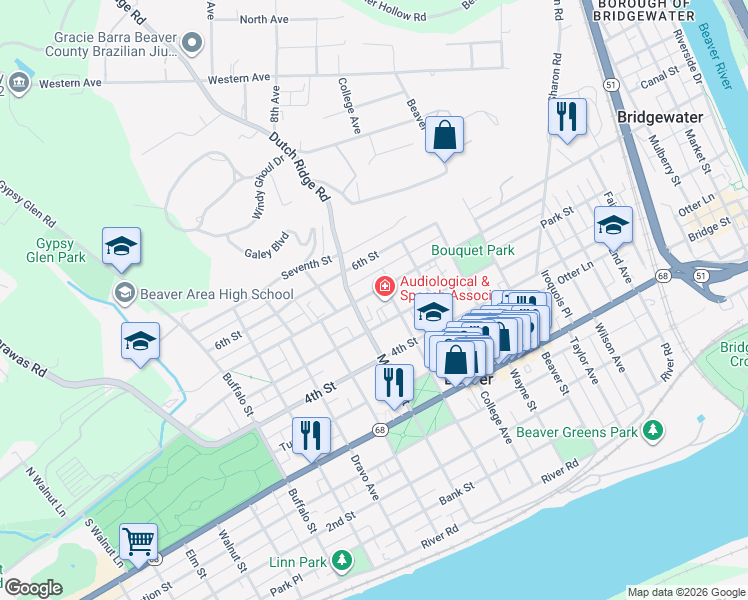map of restaurants, bars, coffee shops, grocery stores, and more near 701 5th Street in Beaver