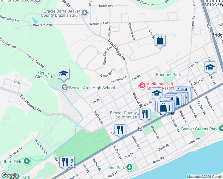 map of restaurants, bars, coffee shops, grocery stores, and more near 980 6th Street in Beaver