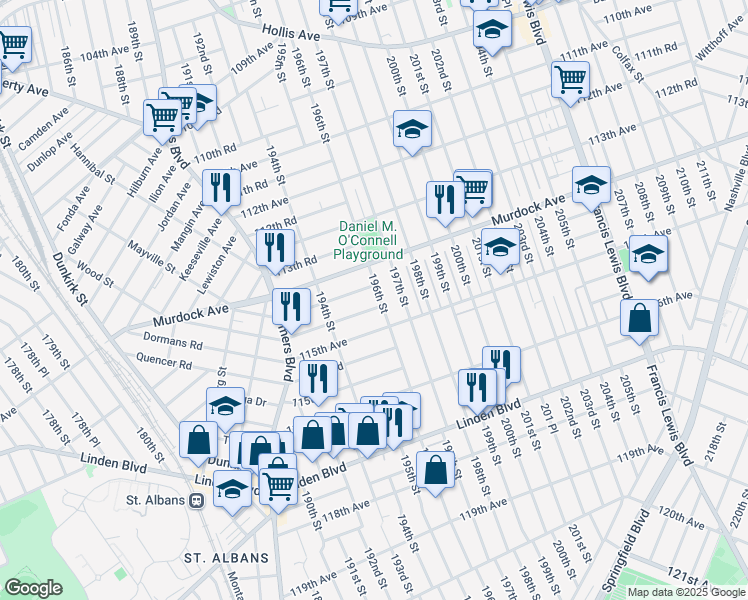 map of restaurants, bars, coffee shops, grocery stores, and more near 114-38 196th Street in Queens