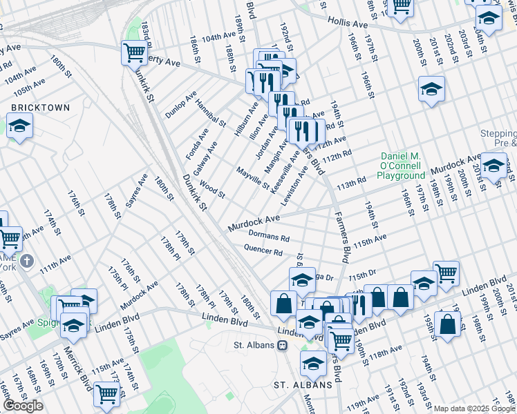 map of restaurants, bars, coffee shops, grocery stores, and more near 187-15 Keeseville Avenue in Queens
