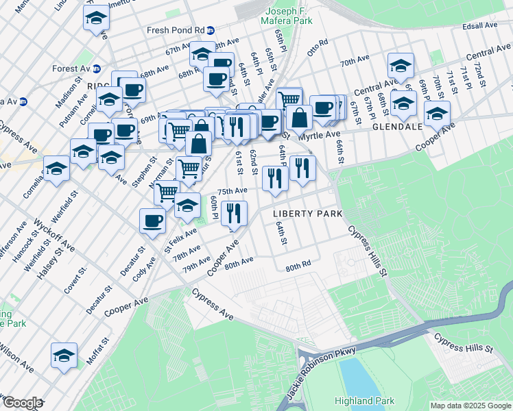 map of restaurants, bars, coffee shops, grocery stores, and more near 75-26 62nd Street in Queens