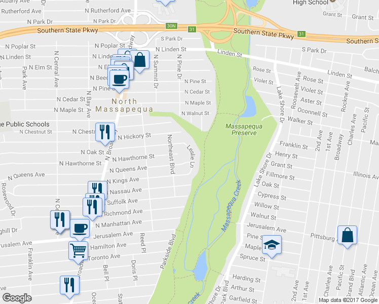 map of restaurants, bars, coffee shops, grocery stores, and more near 29 Leslie Ln in Massapequa
