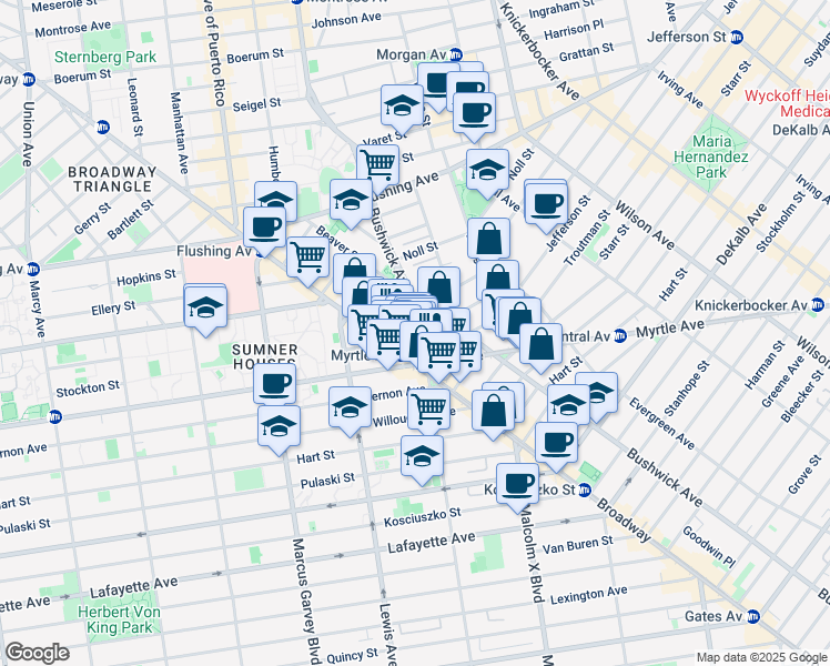 map of restaurants, bars, coffee shops, grocery stores, and more near 34 Melrose Street in Brooklyn
