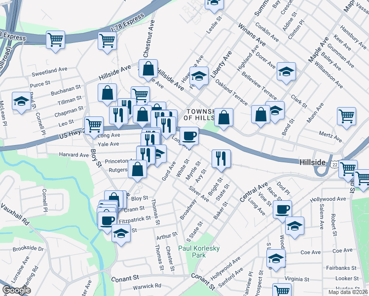 map of restaurants, bars, coffee shops, grocery stores, and more near 254 Long Avenue in Hillside