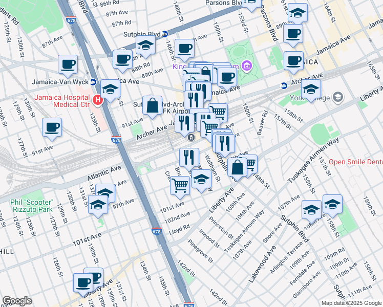 map of restaurants, bars, coffee shops, grocery stores, and more near 143-39 95th Avenue in Queens