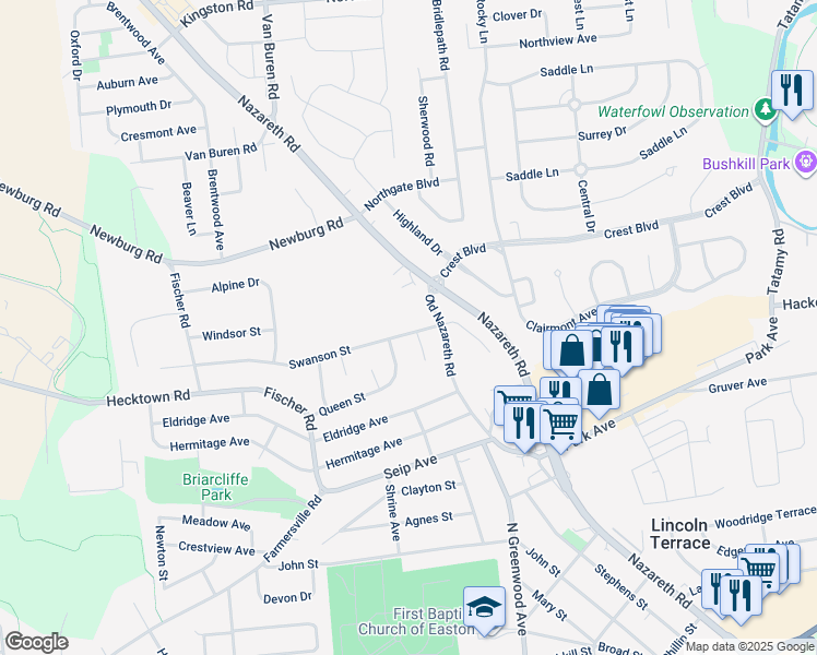 map of restaurants, bars, coffee shops, grocery stores, and more near 2611 Swanson Street in Easton