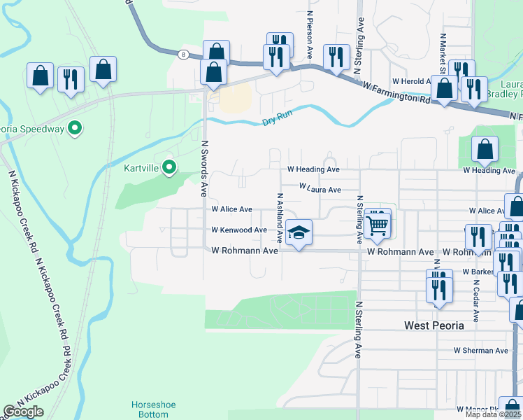 map of restaurants, bars, coffee shops, grocery stores, and more near 898 North Idaho Street in West Peoria