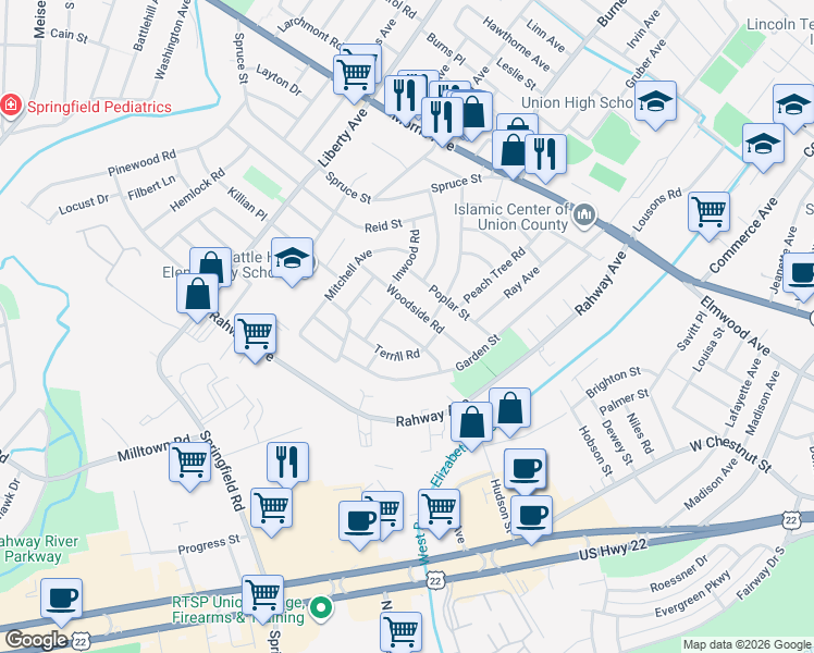 map of restaurants, bars, coffee shops, grocery stores, and more near 2459 Brentwood Road in Union