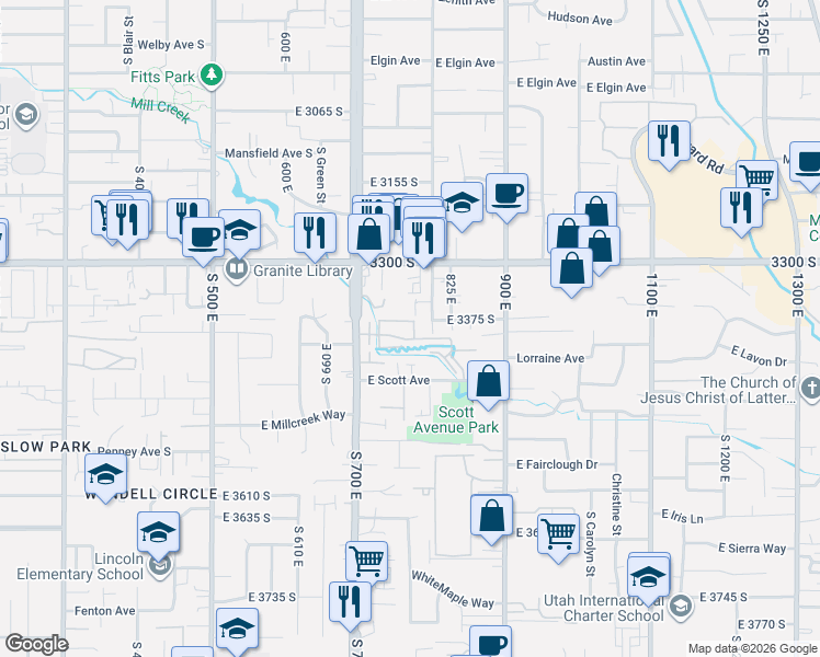 map of restaurants, bars, coffee shops, grocery stores, and more near 3400 800 East in Millcreek