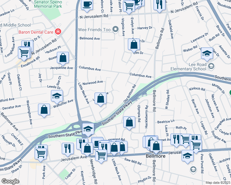 map of restaurants, bars, coffee shops, grocery stores, and more near 2590 Locust Avenue in North Bellmore