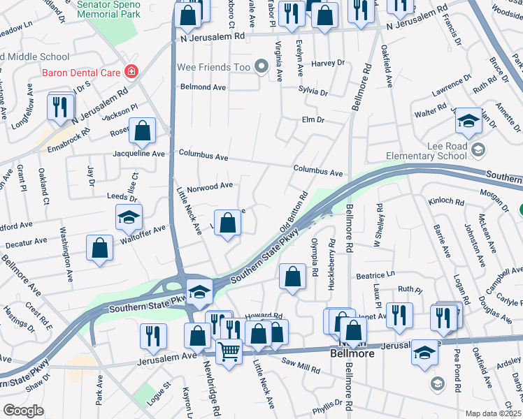 map of restaurants, bars, coffee shops, grocery stores, and more near 2590 Locust Avenue in North Bellmore