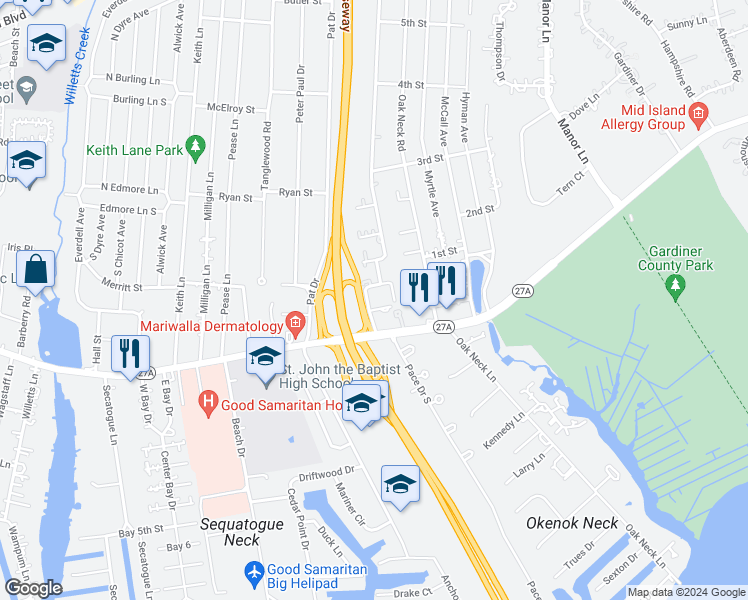 map of restaurants, bars, coffee shops, grocery stores, and more near 9 Gladstone Avenue in West Islip