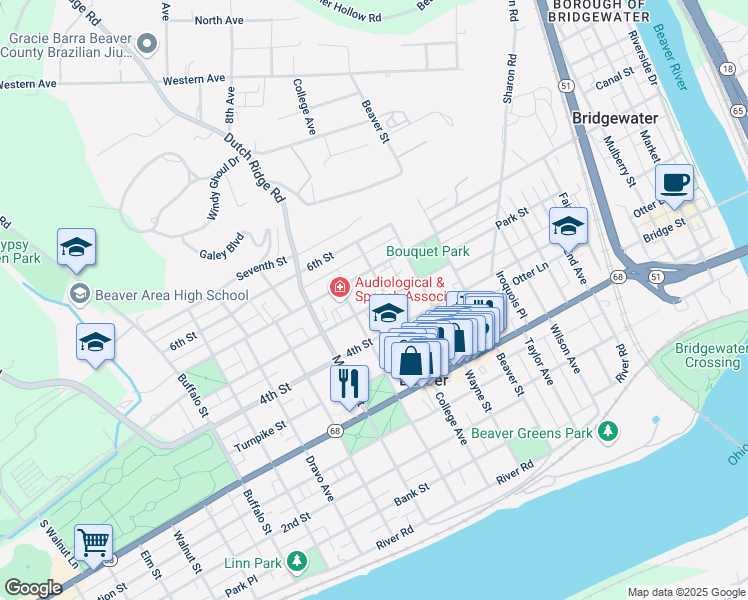 map of restaurants, bars, coffee shops, grocery stores, and more near 610 Canal St in Beaver