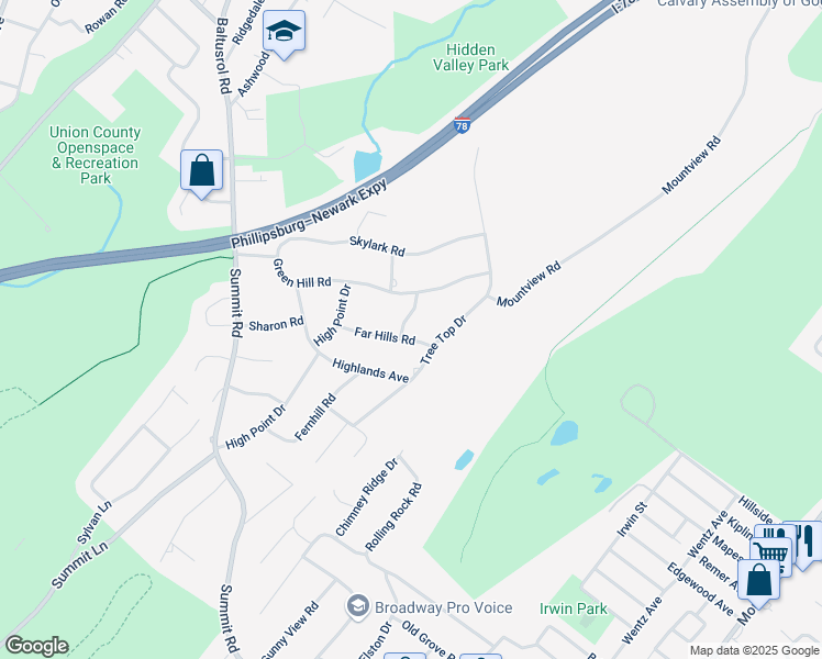 map of restaurants, bars, coffee shops, grocery stores, and more near 27 Far Hills Road in Springfield