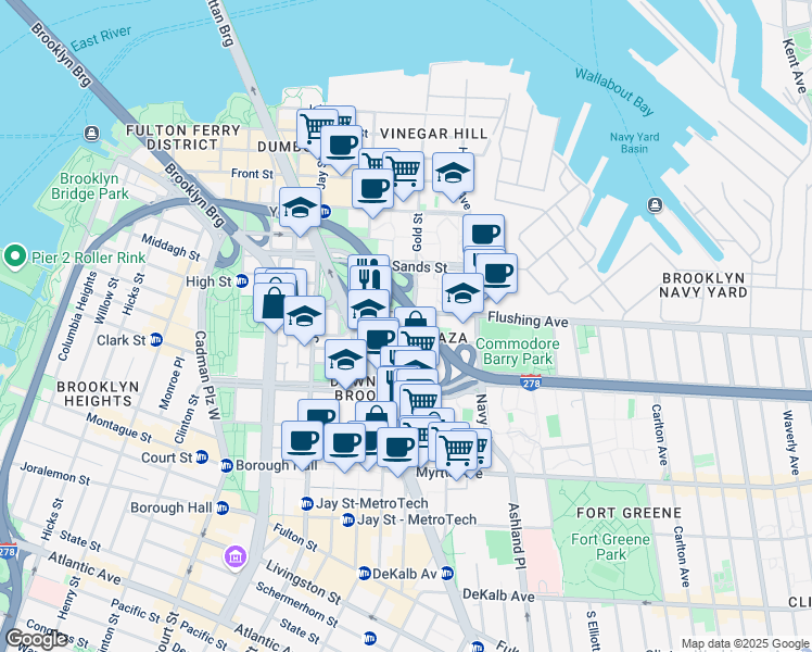 map of restaurants, bars, coffee shops, grocery stores, and more near 212 Gold Street in Brooklyn