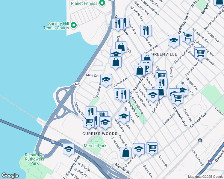 map of restaurants, bars, coffee shops, grocery stores, and more near 16 Romar Avenue in Jersey City