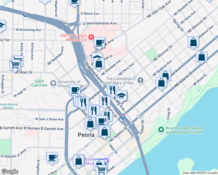 map of restaurants, bars, coffee shops, grocery stores, and more near 400 Northeast Perry Avenue in Peoria