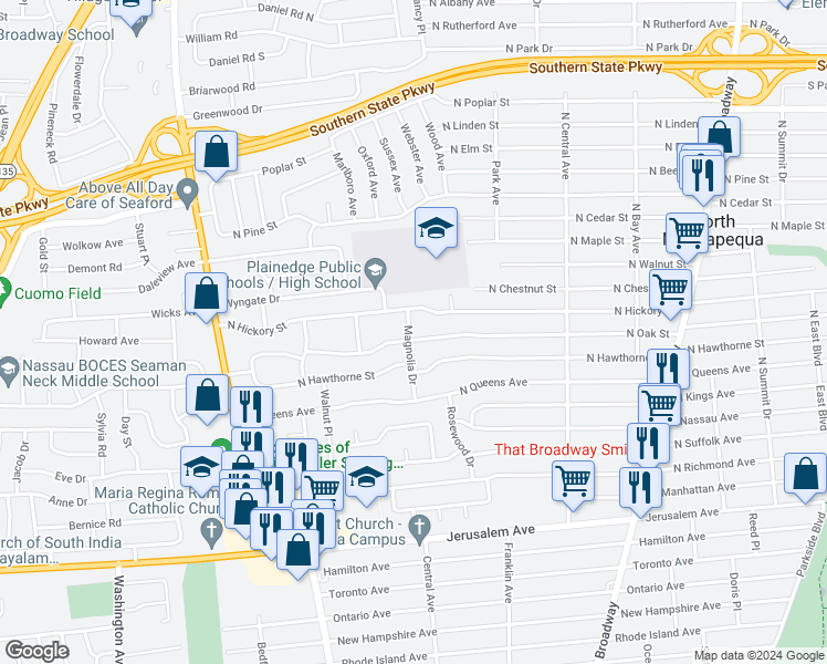 map of restaurants, bars, coffee shops, grocery stores, and more near 285 North Oak Street in Massapequa