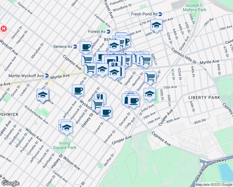 map of restaurants, bars, coffee shops, grocery stores, and more near 17-07 Stephen Street in Queens