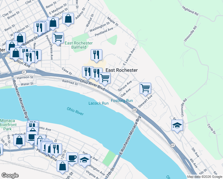 map of restaurants, bars, coffee shops, grocery stores, and more near 801 Spruce Street in Rochester