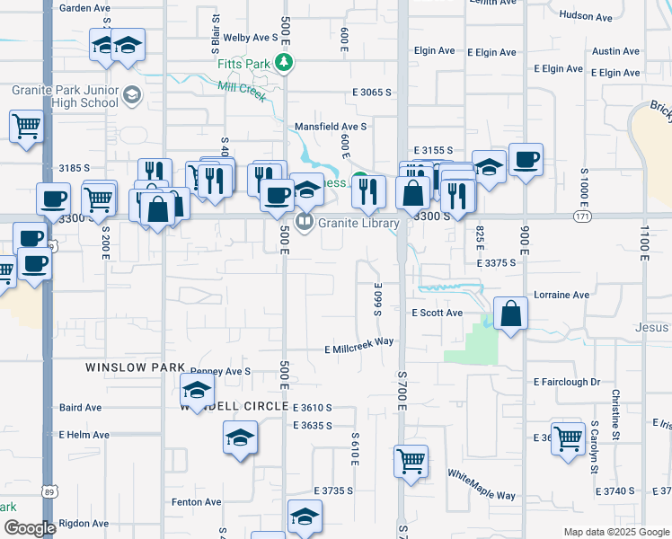 map of restaurants, bars, coffee shops, grocery stores, and more near 575 East Farmer Alumni Drive in South Salt Lake