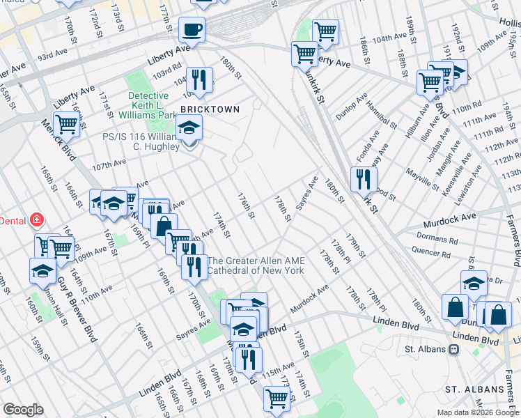 map of restaurants, bars, coffee shops, grocery stores, and more near 176-20 Brinkerhoff Avenue in Queens