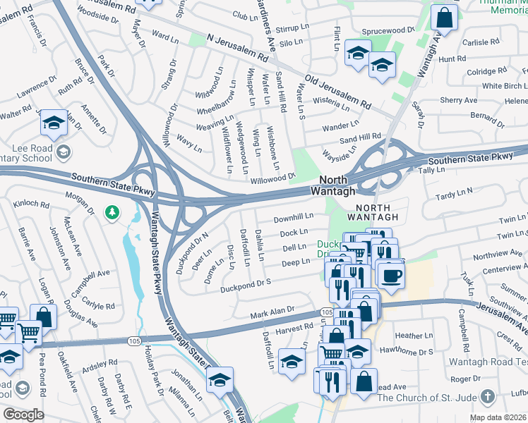 map of restaurants, bars, coffee shops, grocery stores, and more near 97 Duckpond Drive East in Wantagh