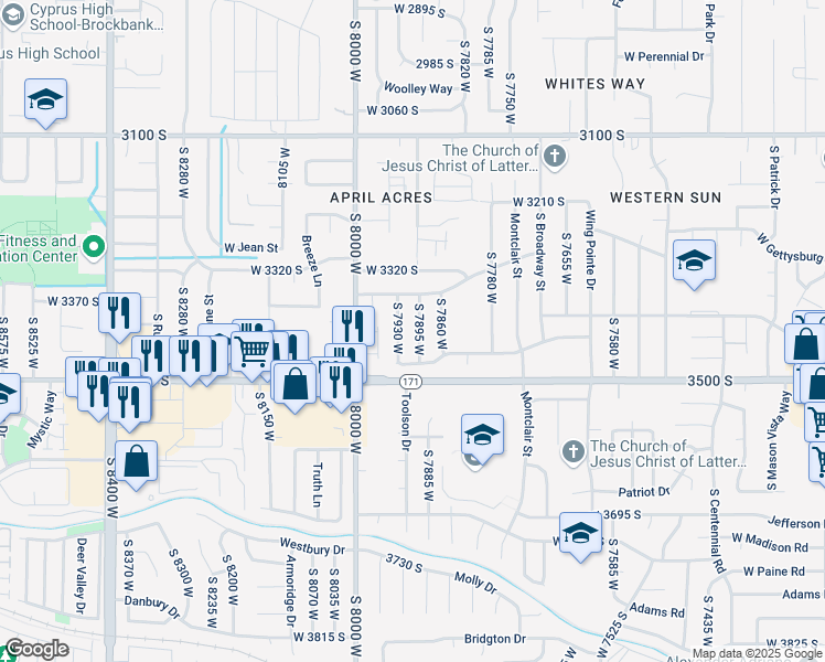map of restaurants, bars, coffee shops, grocery stores, and more near 3422 South 7895 West in Magna