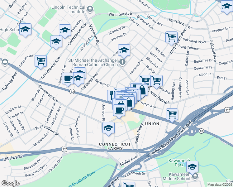 map of restaurants, bars, coffee shops, grocery stores, and more near 2055 Stowe Street in Union