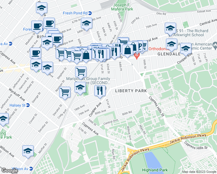 map of restaurants, bars, coffee shops, grocery stores, and more near 75-26 62nd Street in Queens